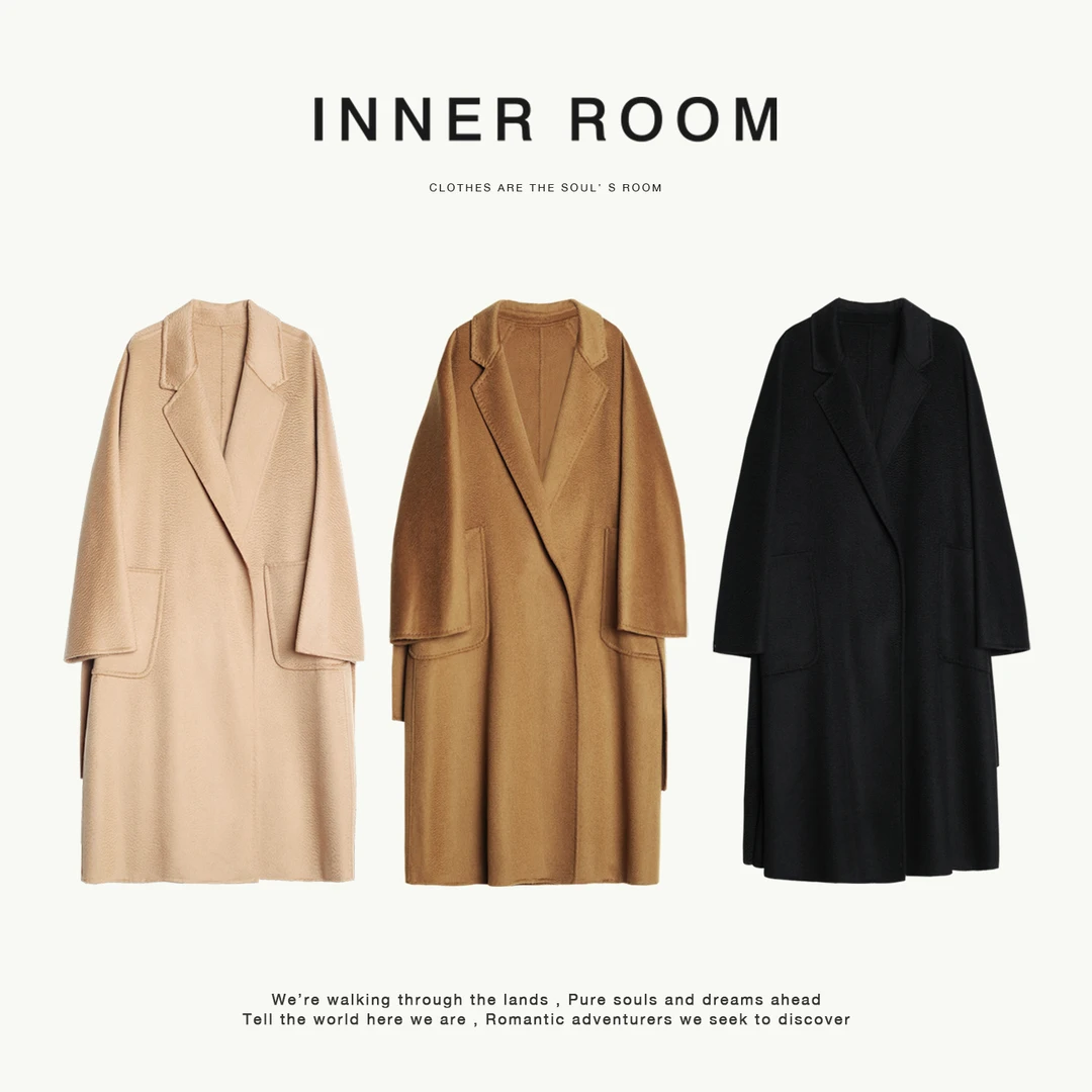 INNER ROOM翻领双面水波纹澳毛双面呢外套系带中长款大衣女冬