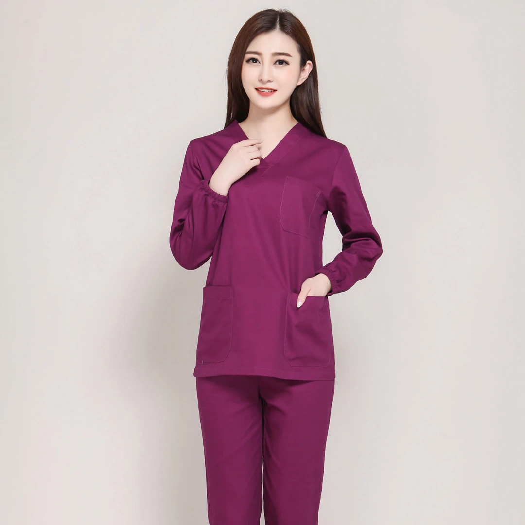 女医生护士服内穿衣春秋时尚长袖套装V领化验实验室美容师工作服