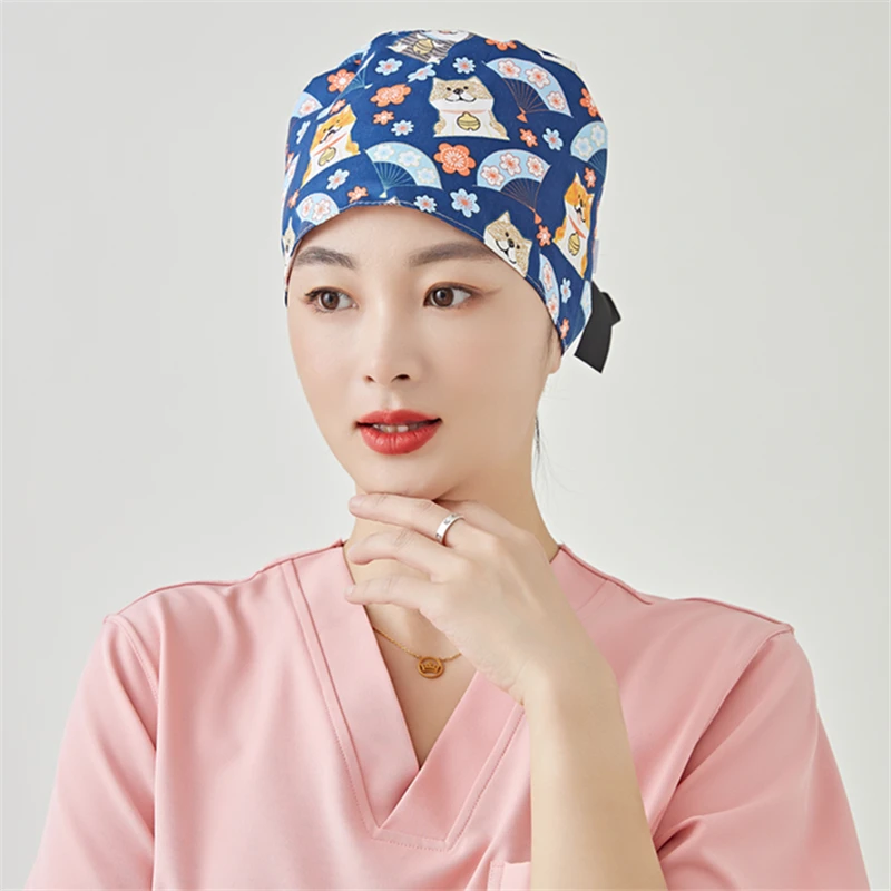 蝶尾帽小花狗全棉印花国外流行女医生护士帽长发家居月子化疗帽子