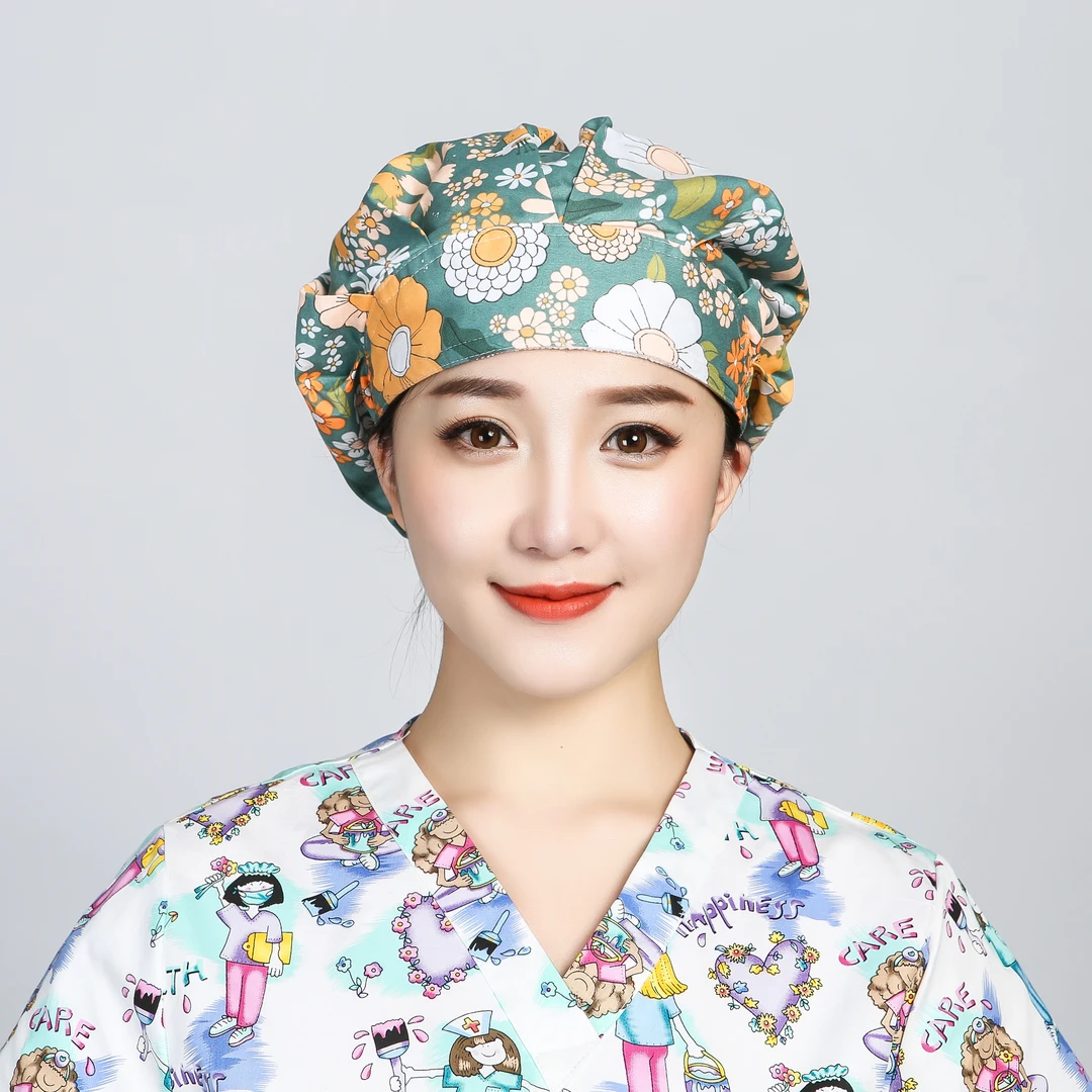 巧护士蓬蓬帽太阳花女医生护士长发帽全棉印花纹绣师美容院工作帽