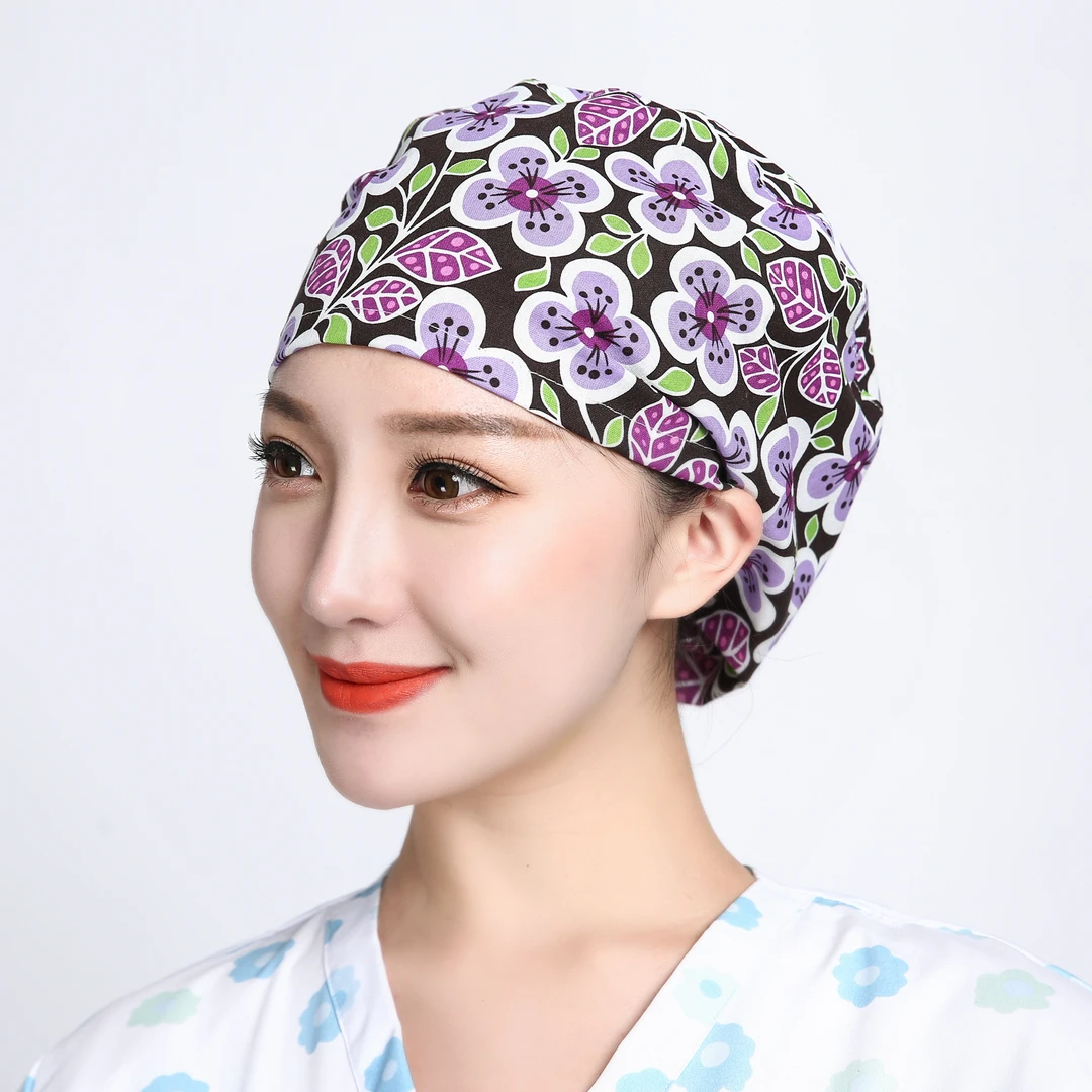 巧护士圆筒帽加弹簧扣蝴蝶花女医生帽薄款棉布印花纹绣美容工作帽