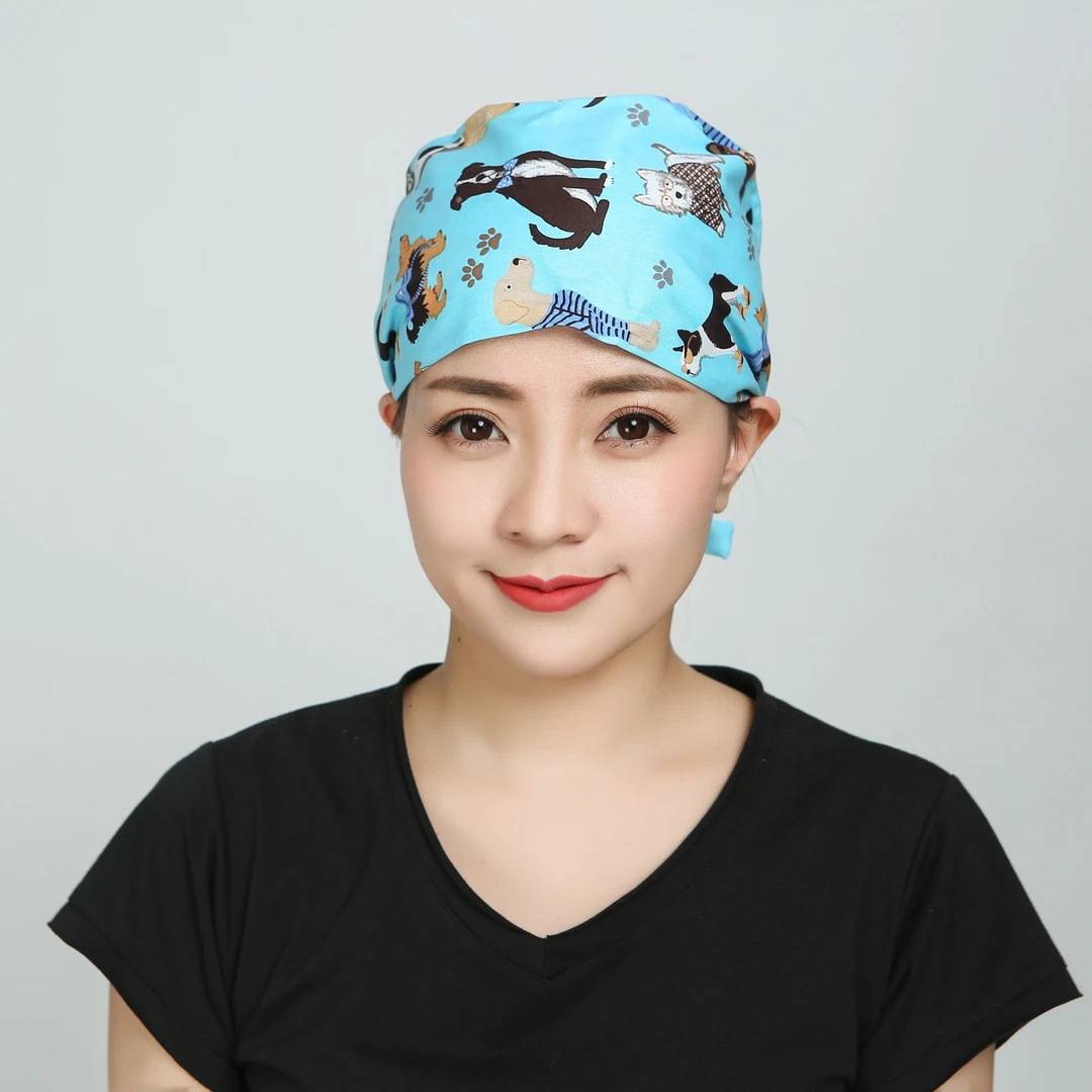 巧护士系带葫芦帽神犬蓝薄款透气包头全棉印花纹绣师美容院工作帽