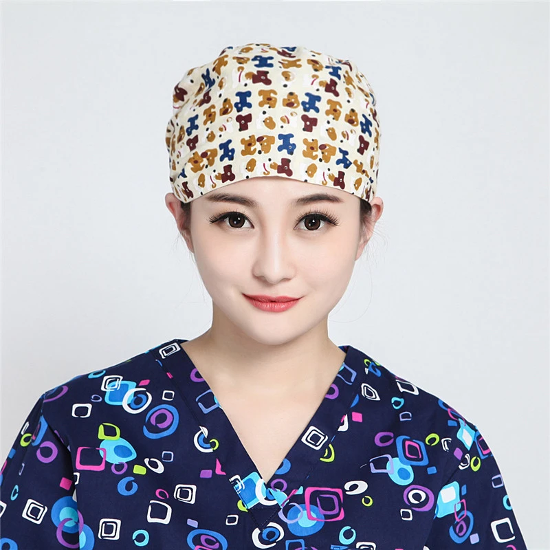 巧护士系带葫芦帽黑小狗男女医生护士帽薄款透气棉布印花工作帽子