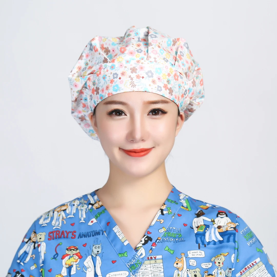 巧护士蓬蓬帽粉小花女医生护士帽厨师油烟帽薄款纹绣师美容工作帽