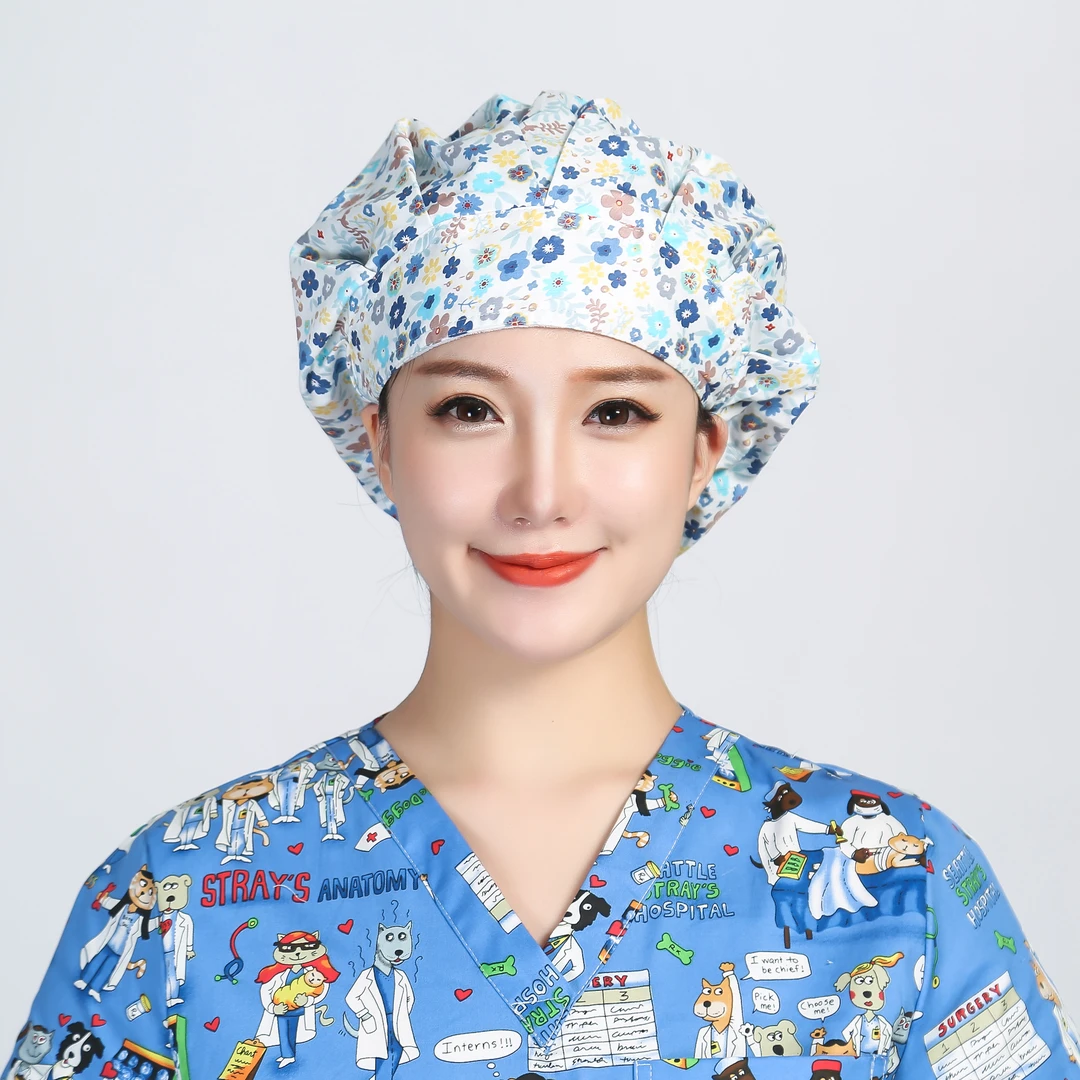 巧护士蓬蓬帽蓝小花女医生护士帽长发包头厨师防油烟帽美容工作帽