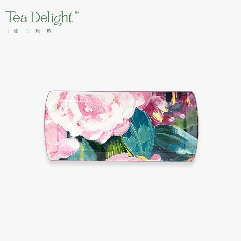Tea Delight茶欢 油画玫瑰  高骨瓷轻奢高档家用25/35cm长方托盘