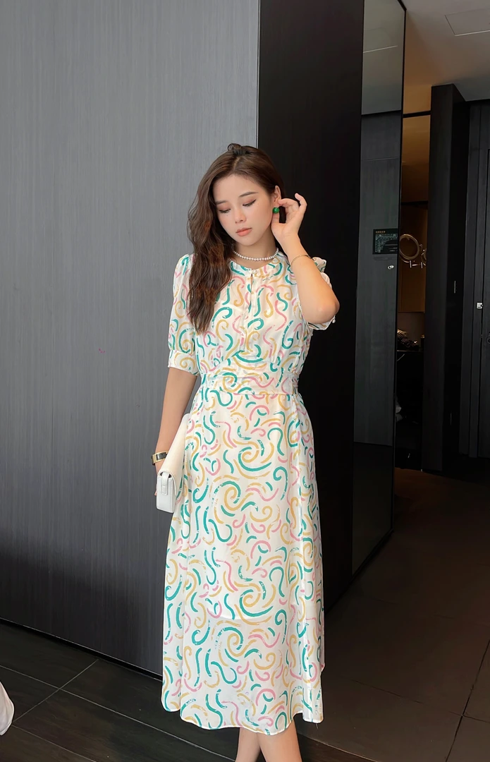 2023年桑蚕丝真丝双绉印花宽松绑带印花港风气质连衣裙