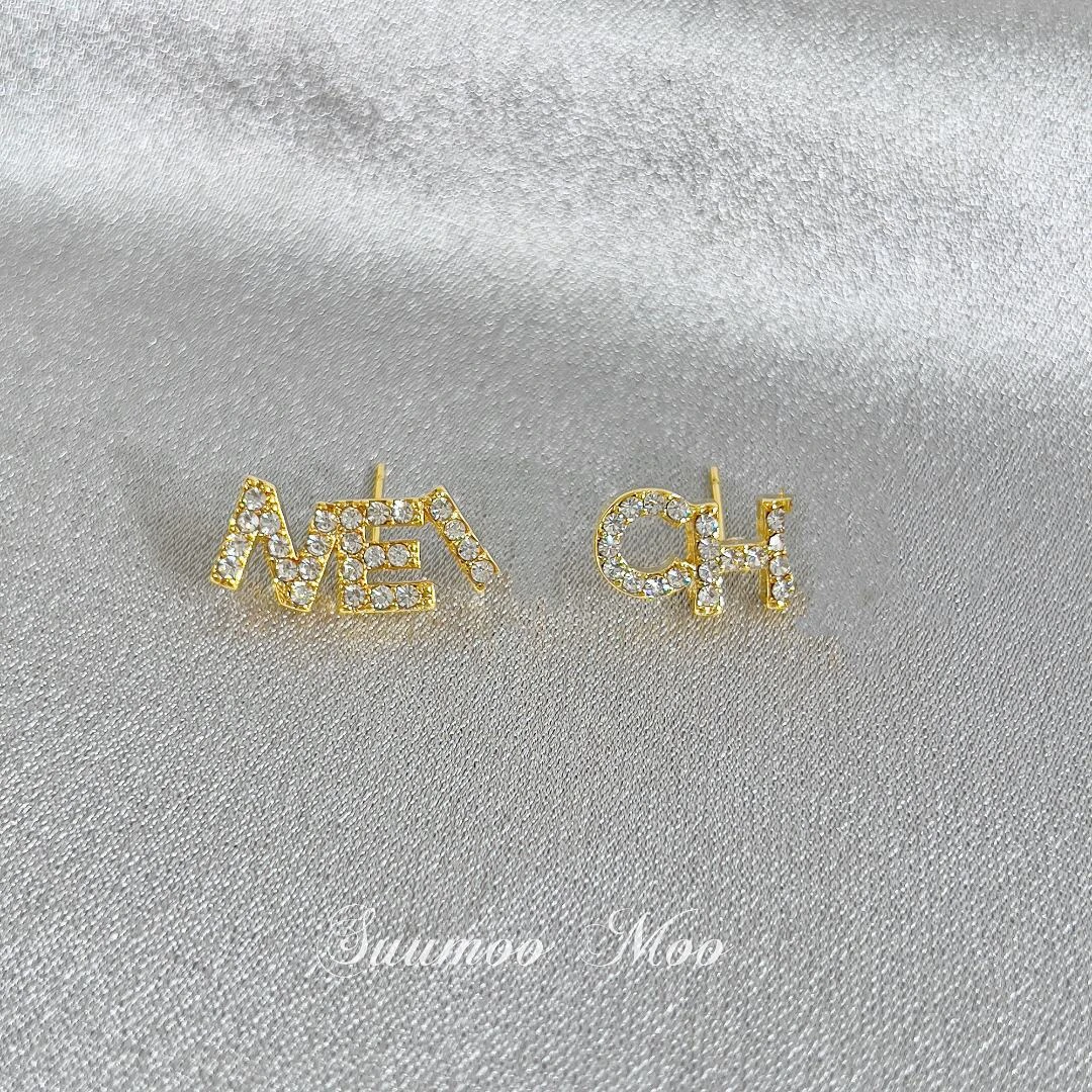 铜合金合成锆石耳饰 法式字母镶嵌锆钻耳环气质轻奢时尚