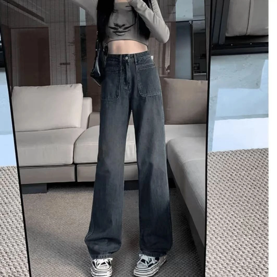 水泥牛仔裤女夏季设计感口袋窄版阔腿裤高腰宽松垂感拖地裤子