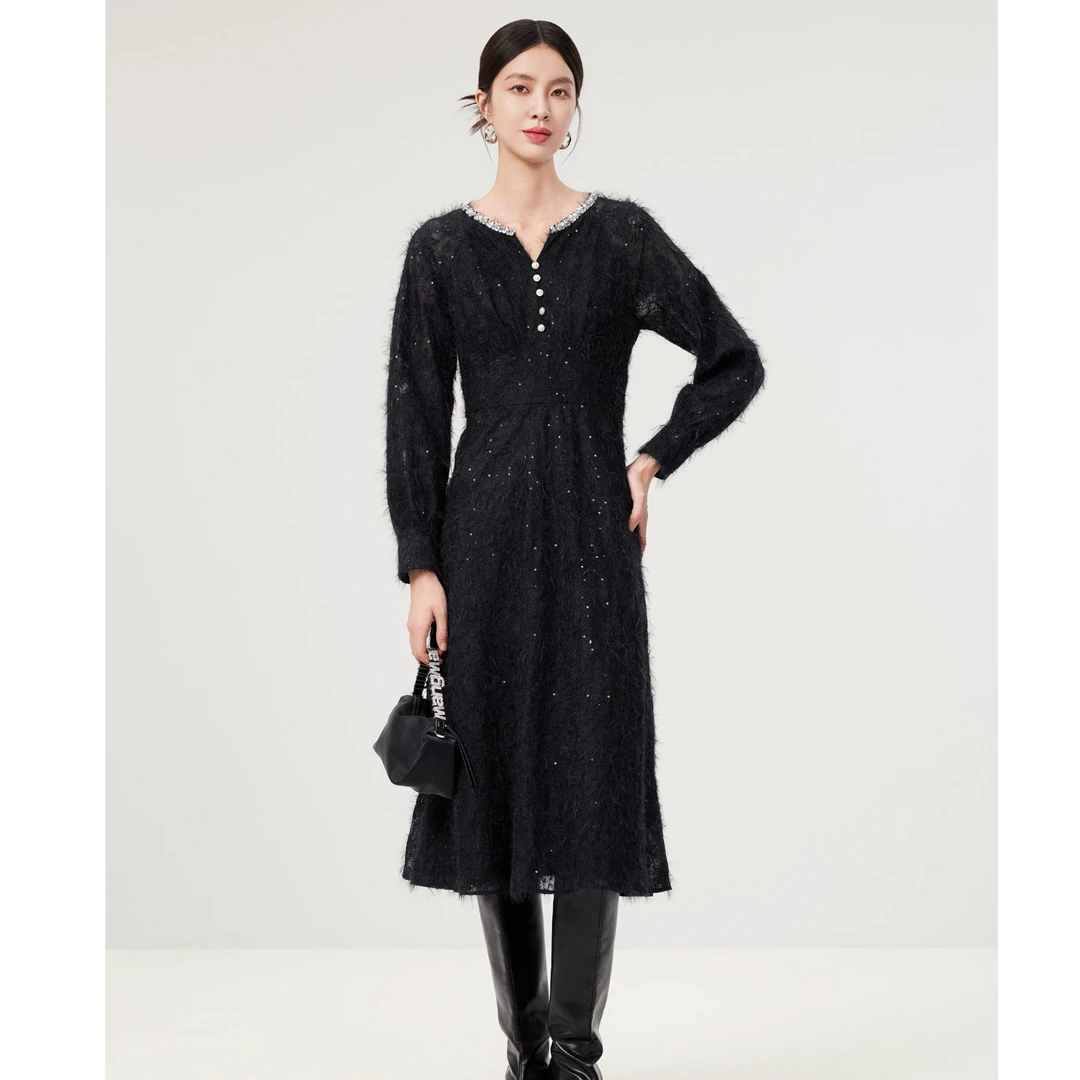 BADINA新款冬季重工蕾丝连衣裙644U080