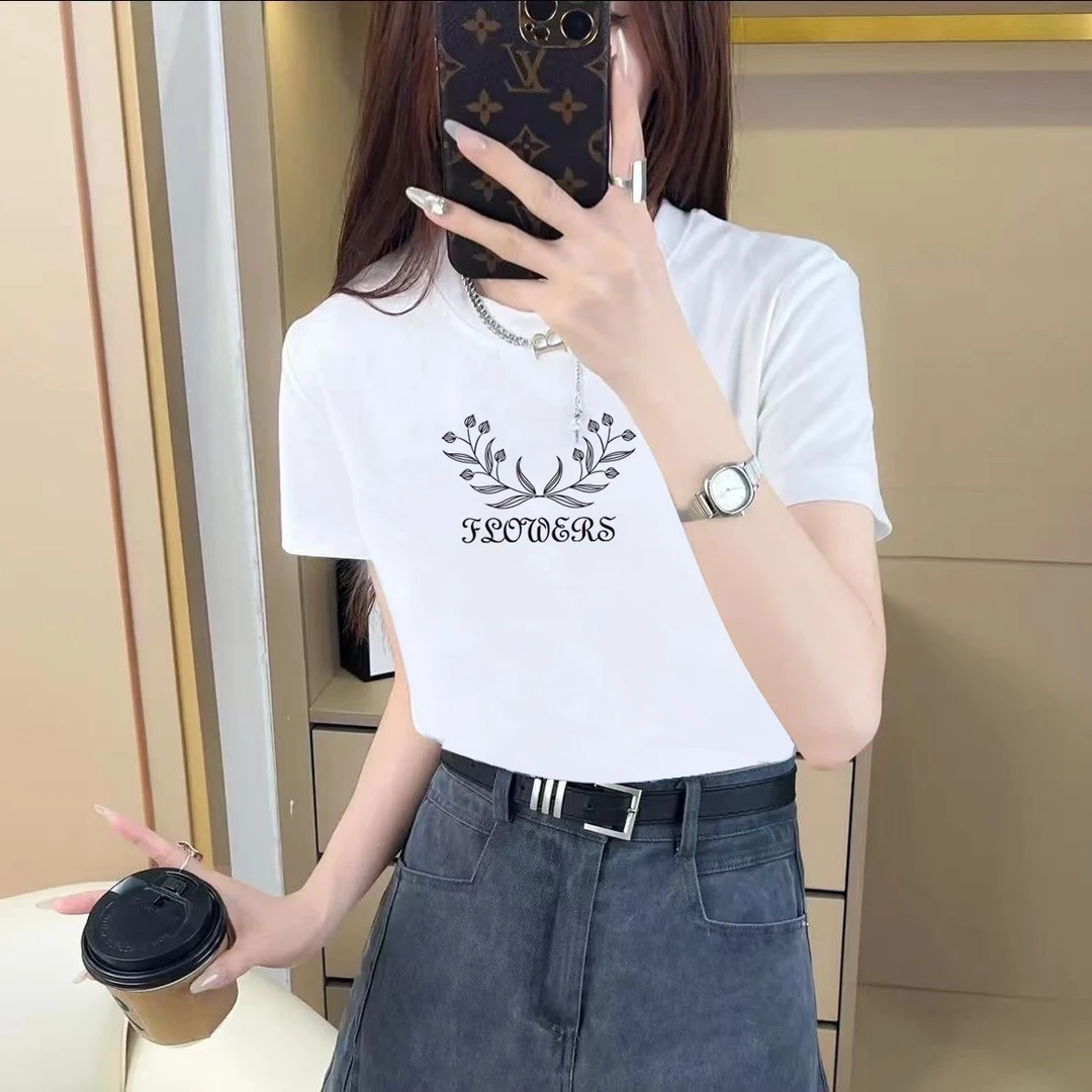 100%纯棉夏季圆领t恤百搭休闲短袖新款韩版洋气印花半袖上衣时尚