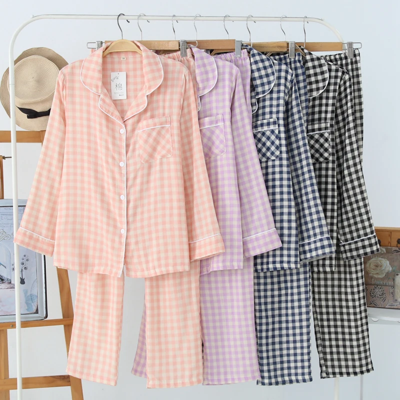 睡衣女时尚简约格子套装长袖长裤春夏秋季色织双层纱布家居服