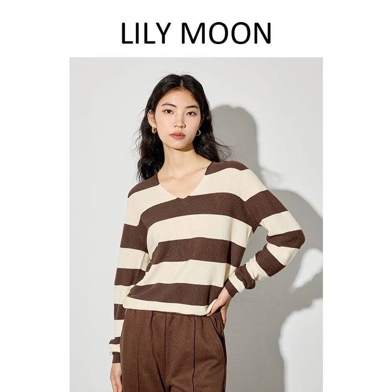 Lilymoon秋冬新款宽条V领针织衫宽松撞色时尚秋冬复古条纹羊毛衫