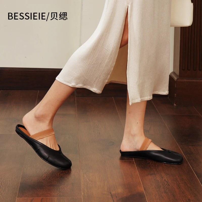 BESSIEIE/贝缌 夏季一字带分趾穆勒拖玛丽珍猪蹄鞋真皮复古时尚