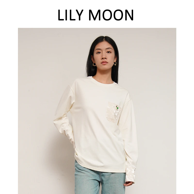 LILYMOON新中式国风长袖T恤提花口袋纯棉百搭打底时尚