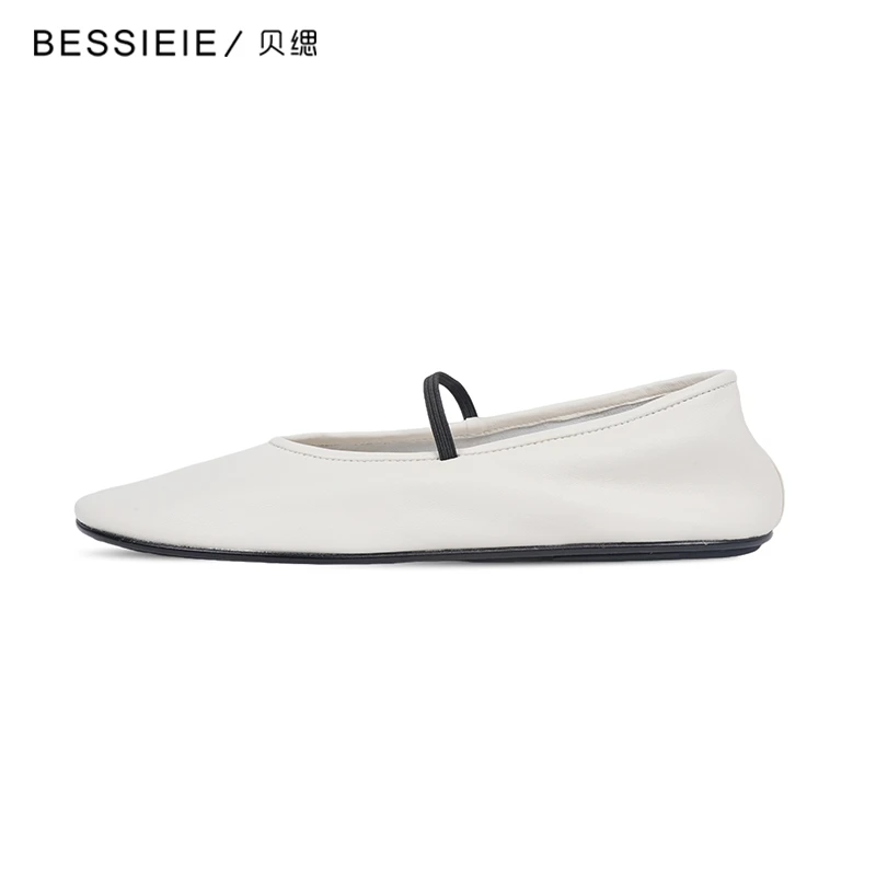 BESSIEIE/贝缌平底百搭柔软单鞋一字带时尚圆头全真皮芭蕾舞鞋