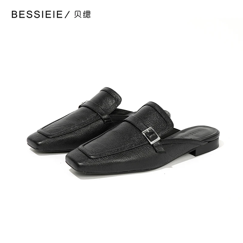 BESSIEIE/贝缌 方头平底穆勒半拖真皮包头一脚蹬懒人鞋英伦复古