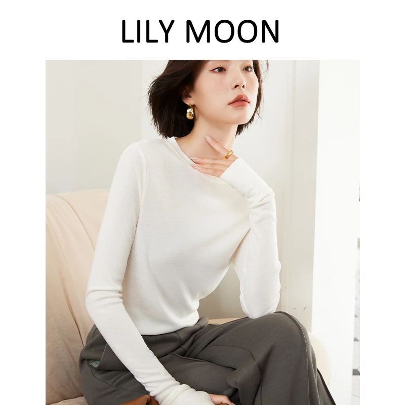 LILYMOON 修身白色上衣桑蚕丝德绒天丝圆领打底衫