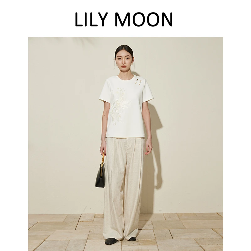 LILYMOON 春夏新款新中式重工刺绣摩登国风盤扣二醋圆领T恤轻奢