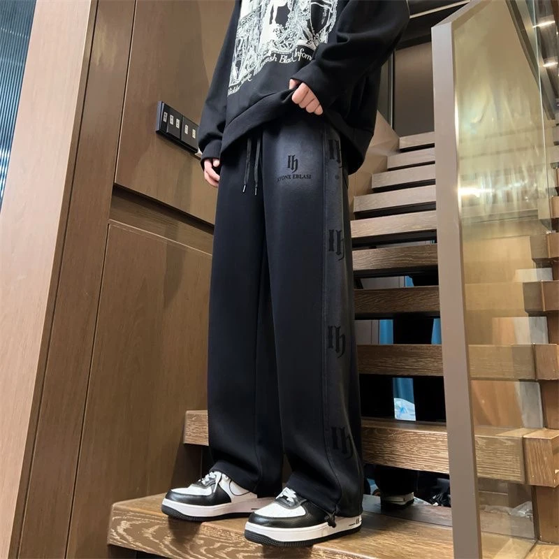 港风秋冬季男士新款百搭加绒加厚直筒卫裤青少年青少年加绒裤子