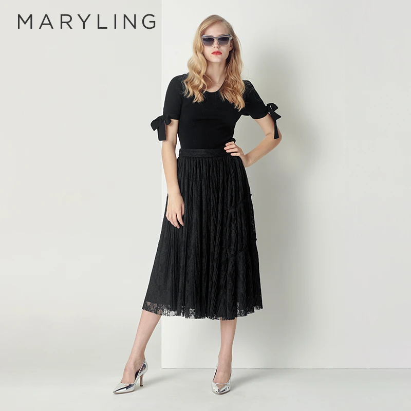 MARYLING玛俪琳秋季时尚优雅百搭黑色蕾丝百褶半裙女A1CFW72030