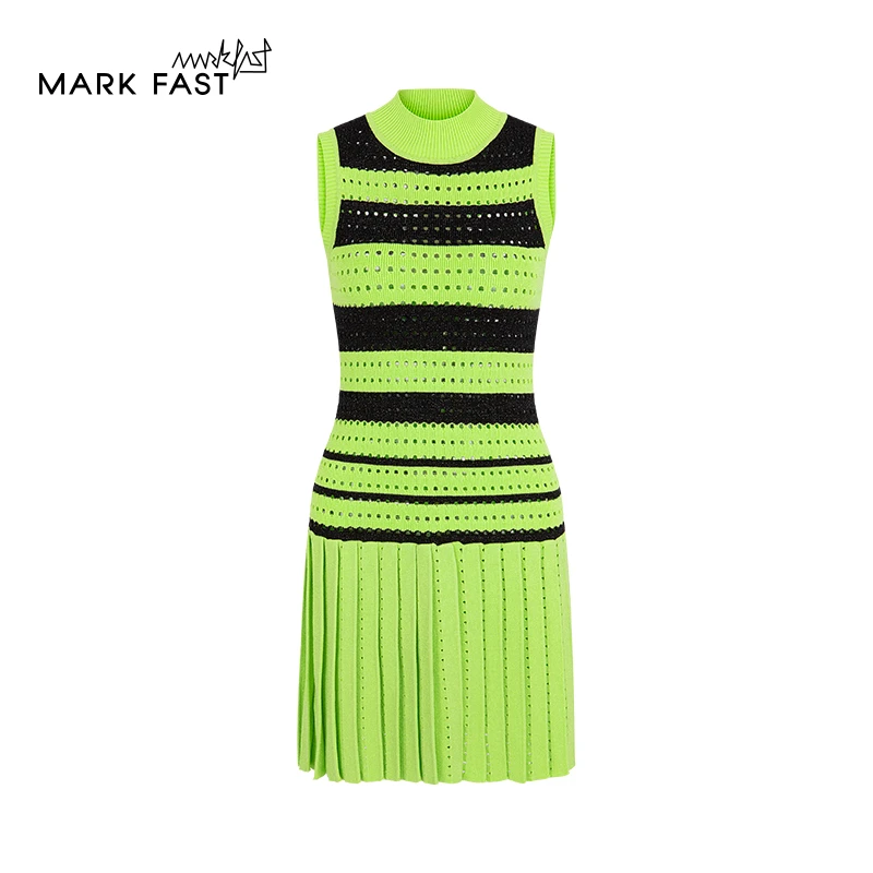 MARKFAST设计师品牌荧光绿撞色条纹针织连衣裙女2024夏M1EBW04070