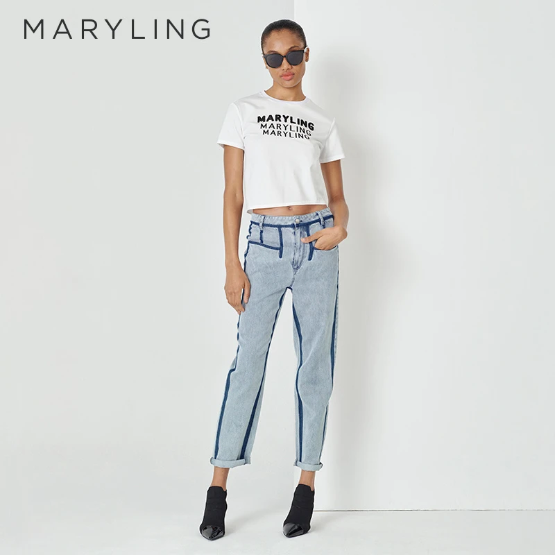 MARYLING玛俪琳春季新品百搭撞色条纹牛仔九分小脚裤女A1DBW56120