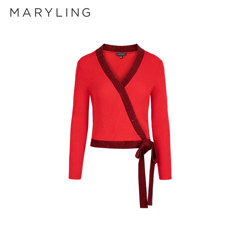 MARYLING玛俪琳冬季复古红色混纱交叉V领针织套头衫A1DIW03560