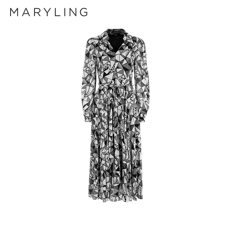 MARYLING玛俪琳24初春新品黑白线条印花收腰女士连衣裙A1EAW61070