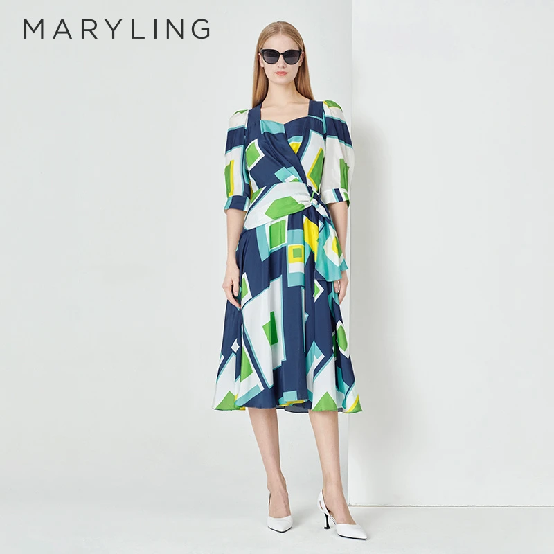 MARYLING玛俪琳春季新品时尚优雅印花大波浪裙摆连衣裙A1DBW61780