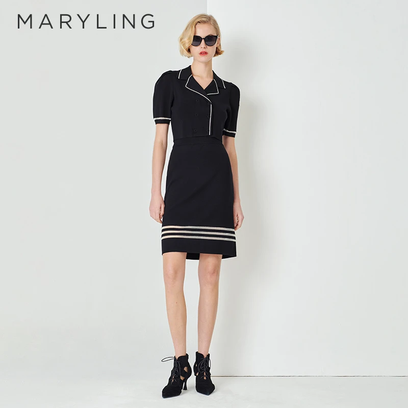 MARYLING玛俪琳春季经典时尚黑白双排扣气质款针织上衣A1DBW08060