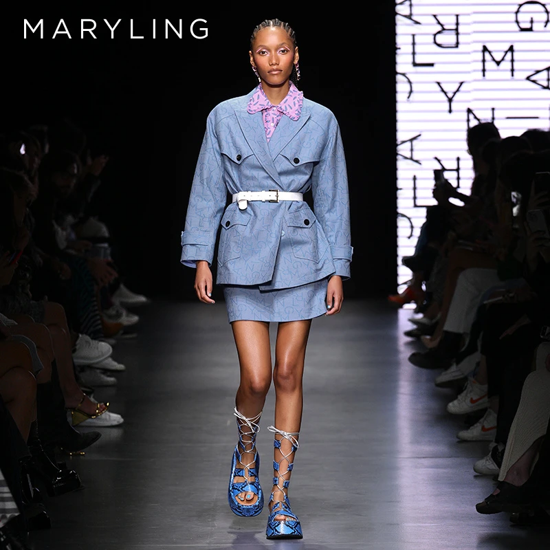 MARYLING玛俪琳春秋季时尚休闲浅蓝色提花牛仔宽松外套A1DBW14550