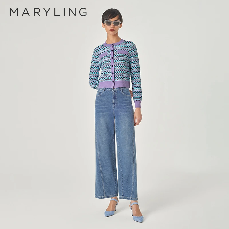 MARYLING玛俪琳2024初春新品香芋紫小圆领短款针织开衫A1EAW09050