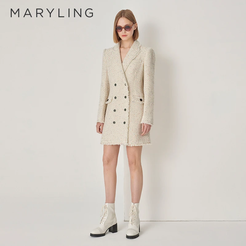 MARYLING玛俪琳初秋新品浅杏色粗花呢中长款西装外套女A1DGW93050