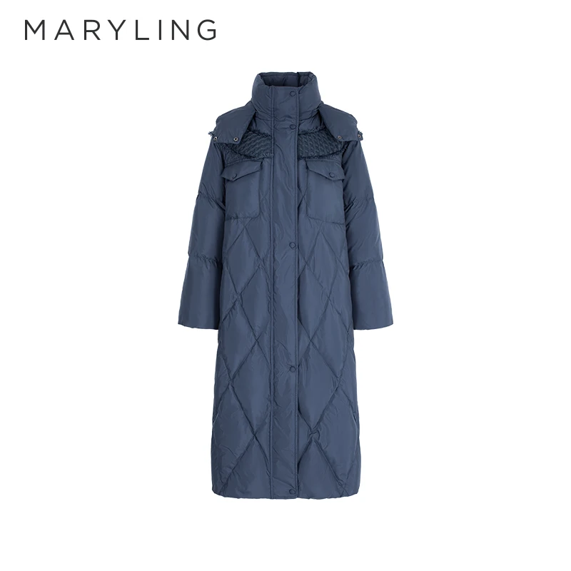 MARYLING玛俪琳双11冬季新品深蓝色毛织拼接长款羽绒服A1EHW98080