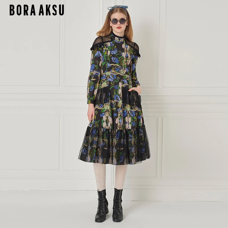 商场同款BORA AKSU2024初冬复古立领印花褶裥连衣裙B1EHW63130