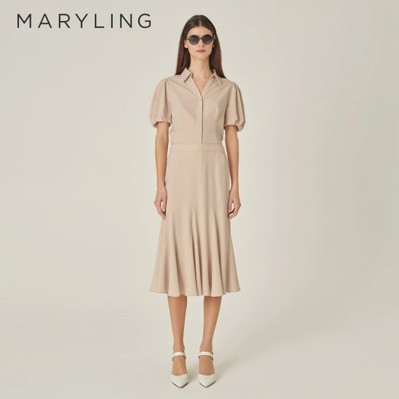 MARYLING玛俪琳2024初秋新品杏色V型衬衣领口收腰上衣A1EFW20030