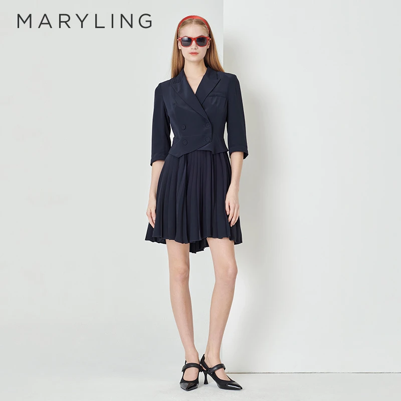 MARYLING玛俪琳夏季时尚新品深蓝优雅通勤风西服连衣裙A1DDW63230