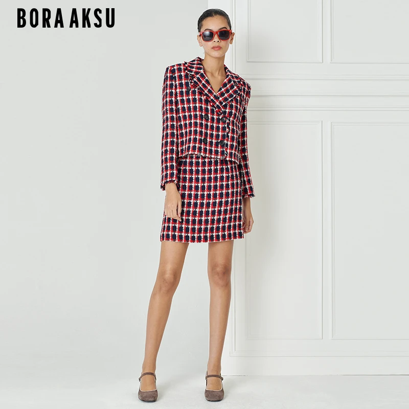BORAAKSU早春新品复古红蓝格纹粗花呢西服长袖外套短款B1DAW14210