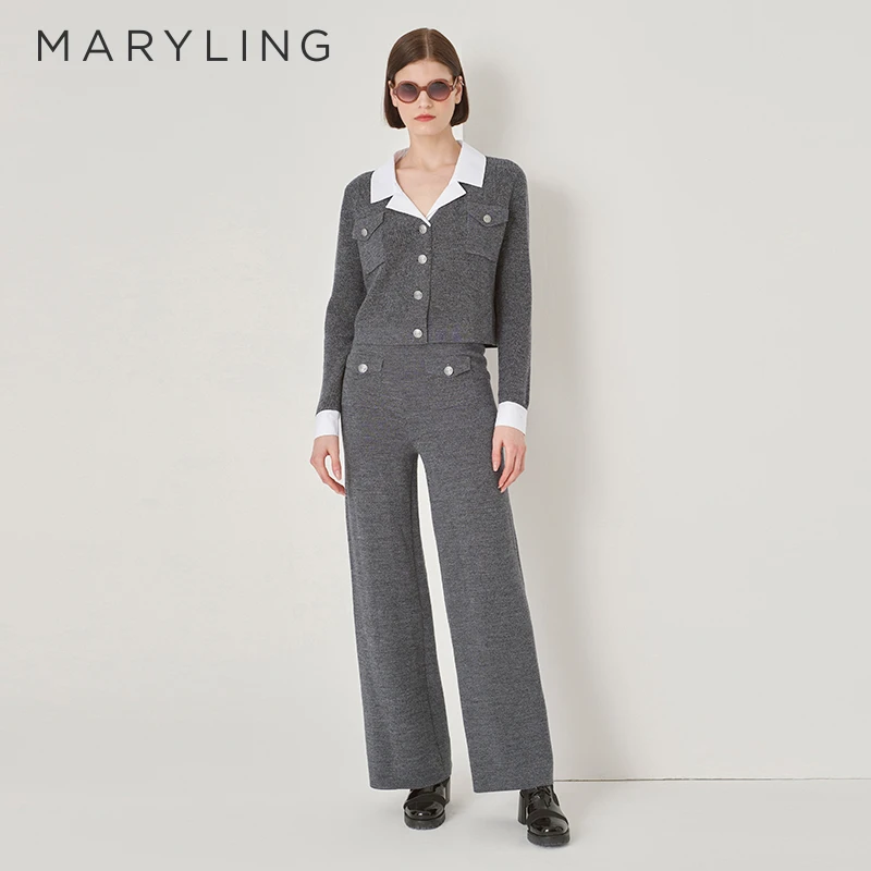 MARYLING玛俪琳冬季复古休闲灰色小翻领短款针织开衫A1DHW08730