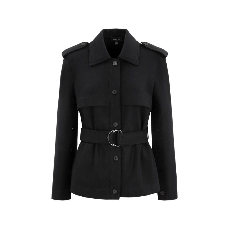MARYLING玛俪琳秋季日常百搭黑色羊毛混纺厚款翻领外套A1DGW14200