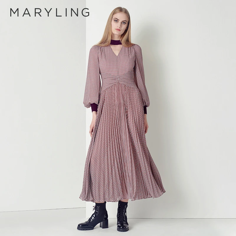 MARYLING玛俪琳复古轻奢气质粉色千鸟格秋冬显瘦连衣裙A1CGW62900
