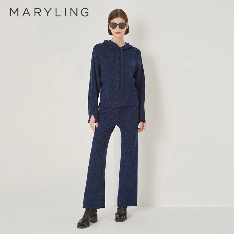 MARYLING玛俪琳秋季午夜蓝宽松连帽卫衣款式针织套头衫A1DGW03270