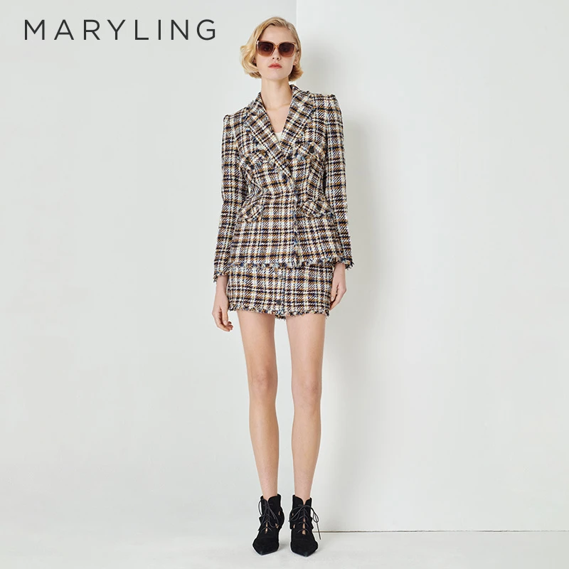 MARYLING玛俪琳春季时尚复古蓝白格双排扣长袖西装外套A1DAW14050