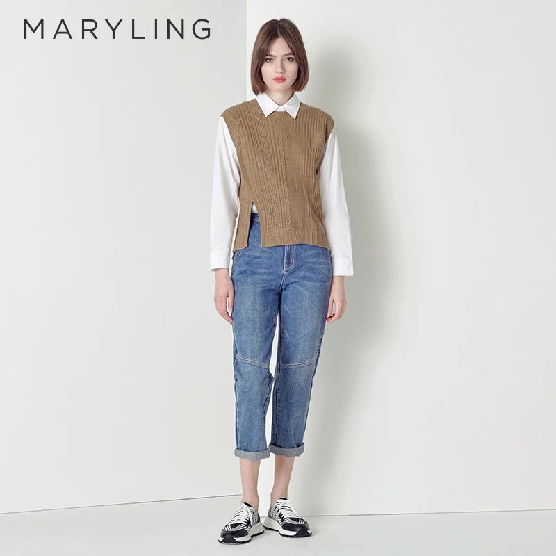 MARYLING 玛俪琳复古优雅棕色混羊毛上衣罗纹针织背心A1CGW07280