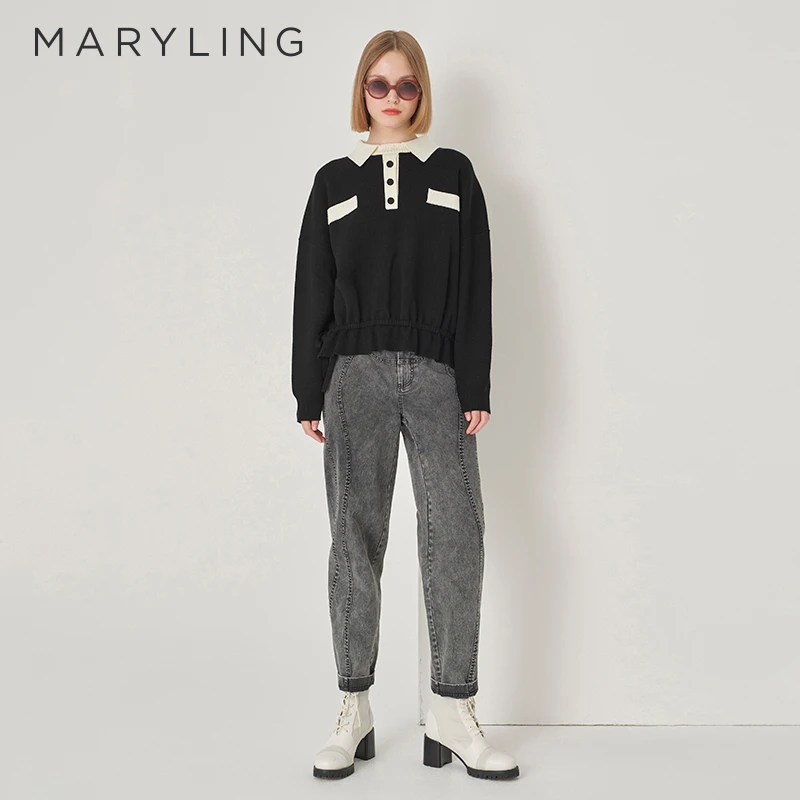 MARYLING玛俪琳秋季时尚黑白撞色POLO小翻领宽松针织衫A1DGW03090