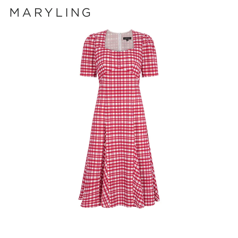 MARYLING玛俪琳春夏新品复古格纹方领泡泡袖收腰连衣裙A1DCW61761