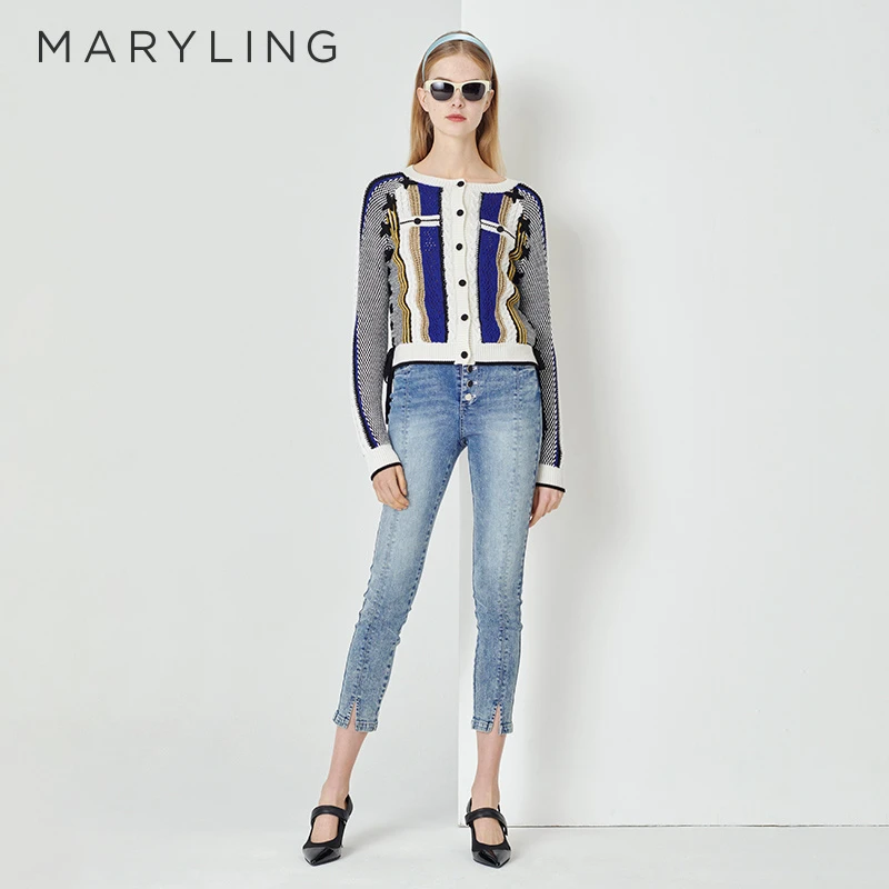 MARYLING玛俪琳春秋季时尚优雅圆领长袖宽松针织开衫A1DBW08140