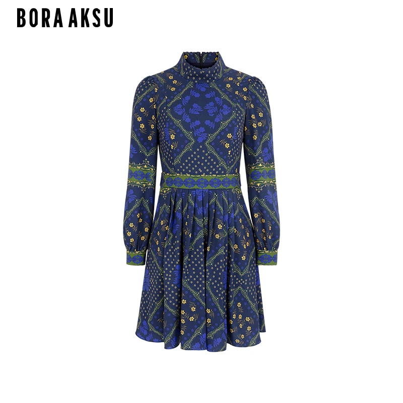 商场同款BORA AKSU2024复古小立领百褶裙摆印花连衣裙B1EGW62280
