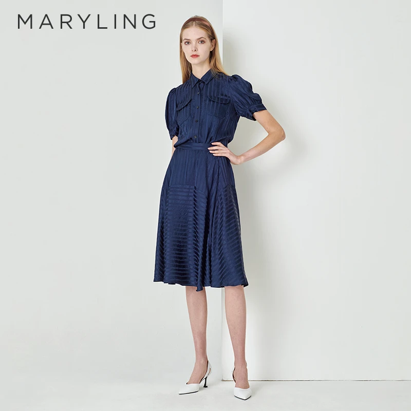 MARYLING玛俪琳2023年夏季午夜蓝圆弧分割大摆半身裙A1DCW72200